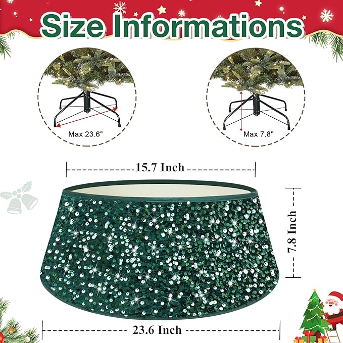 Christmas Tree Collar Hunter Green 24 Inch Xmas Tree Ring Sparkling Sequin Christmas Tree Basket Skirt for Christmas Tree Decor Glitter Velvet Tree Collars Tree Skirt for Xmas Party Occasions