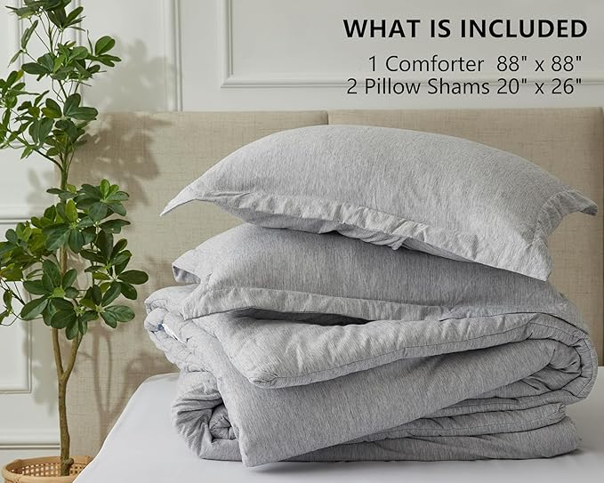 CozyLux Queen Comforter Set - 3 Pieces Light Grey Soft Luxury Cationic Dyeing Queen Comforter for All Season, Light Gray Breathable Lightweight Fluffy Bedding Sets with 1 Comforter and 2 Pillow Shams
