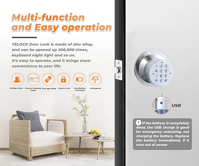 Keyless Electronic Entry Door Knob, Keypad Smart Door Knob, Interior Door Handle with Lock, Automatic Locking, Battery Backup, Backlight, Easy Installation, Great for Home, Hotel and Office