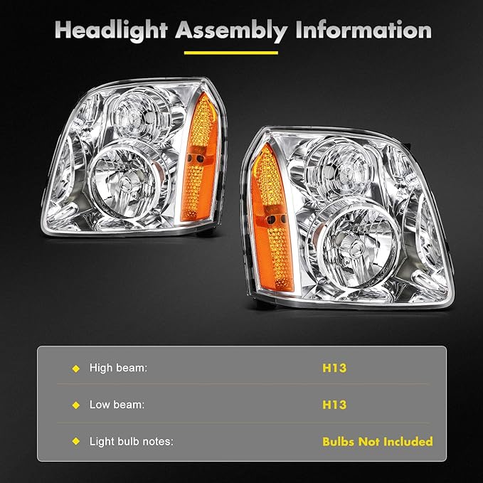 Headlights Assembly Pair Fit For 2007-2014 For GMC Yukon 2007-2014 For GMC Yukon XL 1500 2007-2013 For GMC Yukon XL 2500 Chrome Housing Amber Reflector Clear Lens Replace 15861025 15861026
