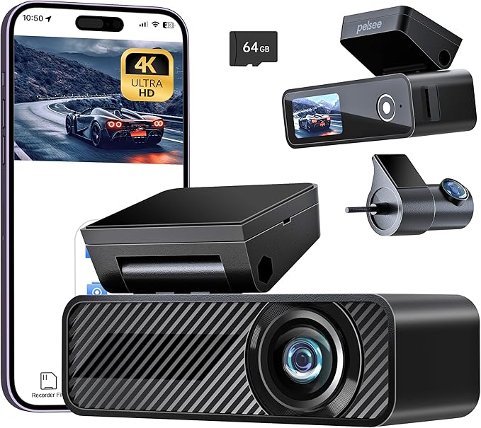 Pelsee P1 Duo 4K Dash Cam Front and Rear, 64GB SD Card, 4K1080P Dual Dash Camera for Cars, Wi-Fi App Control, 1.5IPS Display Car Camera, Voice Control, Night Vision, 24H Parking Mode, G-Sensor