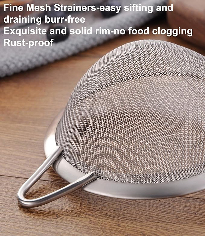 3.3 inch 304 stainless steel fine mesh strainer for kitchen, strainer-skimmer with handle, metal sieves