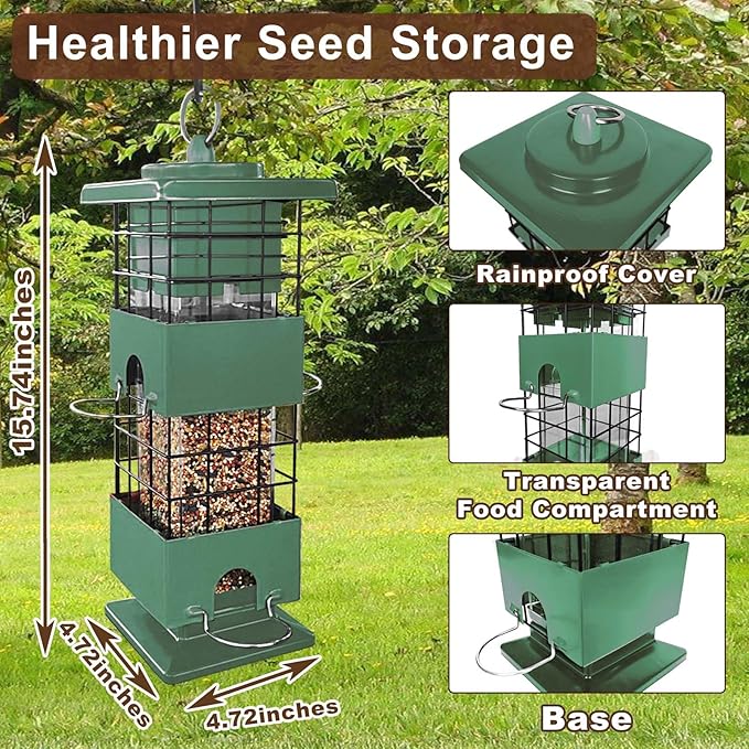 Bird Feeder Squirrel Proof, 3LBS Metal Anti-Squirrel Feeder for Outdoors Hanging, Wild Birdseed for Finch Cardinal Blue Jay Outside (Green)