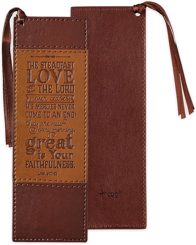 Christian Art Gifts Premium Vegan Leather Bookmark for Men: Steadfast Love - Lamentations 3:22-23 Inspirational Bible Verse, Heat-Debossed, Faith-Based Reading Accessory, Two-Tone Brown with Tassel