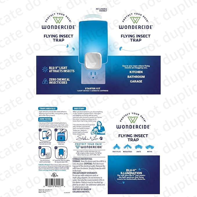Wondercide - Flying Insect and Fly Trap - Indoor Bug Catcher for Fruit and House Flies, Gnats, Moths, and Mosquitoes - Starter Kit for Home and Kitchen - 1 Plug-in Light and 1 Cartridge