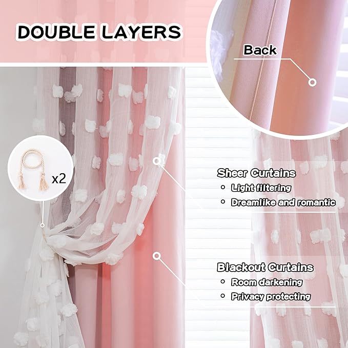 Mysky Home Double layer curtains, living room, nursery, bedroom, translucent, white pompoms, dining room, window panels, room darkening, 52 x 84 inches, pink