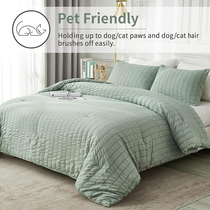 AveLom Seersucker Queen Comforter Set, Sage Green, 90x90, 3 Pieces