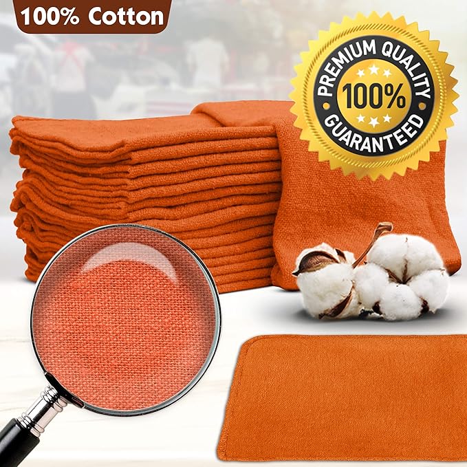 Nabob Wipers Auto Mechanic Shop Towels 100 Pack Bulk Rags 100 Cotton Commercial Grade Shop Rags Size 14"x14" (100 Pack, Orange)