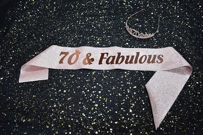 70th Pink Birthday Tiara and Sash Happy 70th Birthday Party Supplies 70th Pink Birthday Glitter Satin Sash and Crystal Tiara Princess Birthday Crown for Girls 70th Birthday Party Decorations