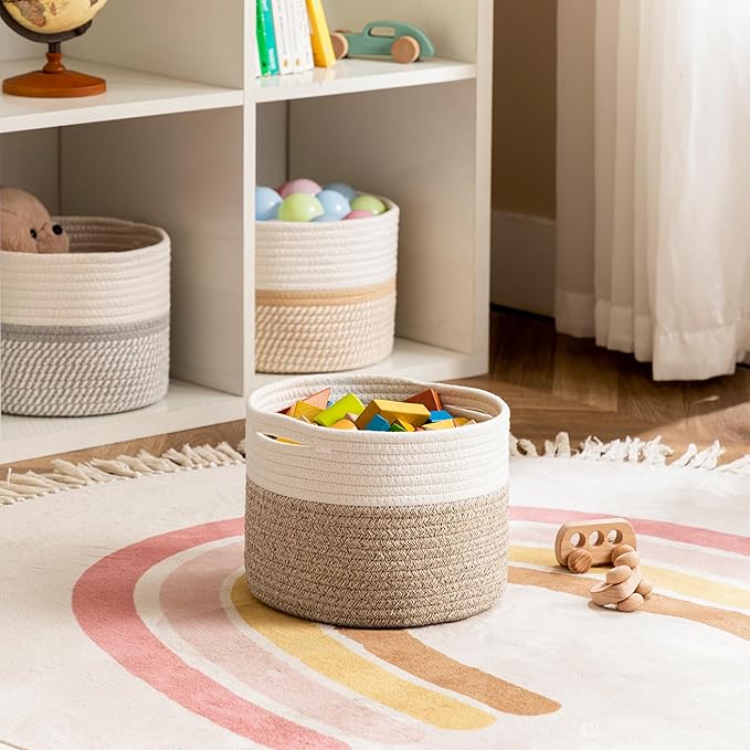 UBBCARE 2 Pack Small Basket for Organizing, Round Woven Basket With Handles, Small Storage Basket for decor, Beige Brown Cotton Rope Basket (9.5" x 9.5" x 7.1")