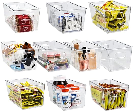 10 PACK Clear Storage Bins Clear Storage Containers for Kitchen Pantry Organization and Storage Bins, Organizing Bins with Built in Handles, Cabinet Organizers