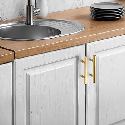 JOY DECOR 3 Pack Cabinet Handles, Gold Cabinet Pulls, 3 in Hole Center Kitchen Cabinet Handles, Stainless Steel T Bar Handles for Dresser Drawers