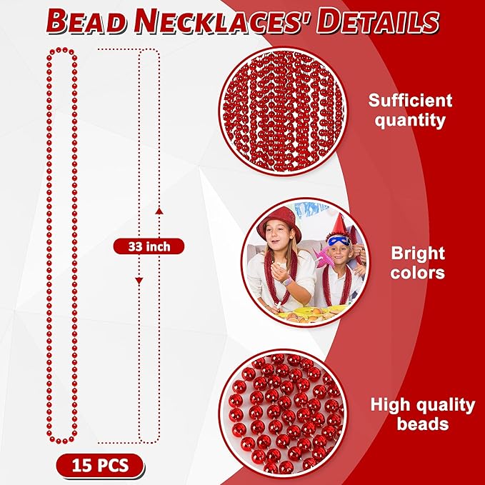 15PCS Red Bead Necklace, Valentines Stuff Beads Necklace Party Favors, 33" Beaded Necklaces Festival Parade Throw Accessories, Wedding Birthday Mardi Gras Christmas Celebrations Decorations