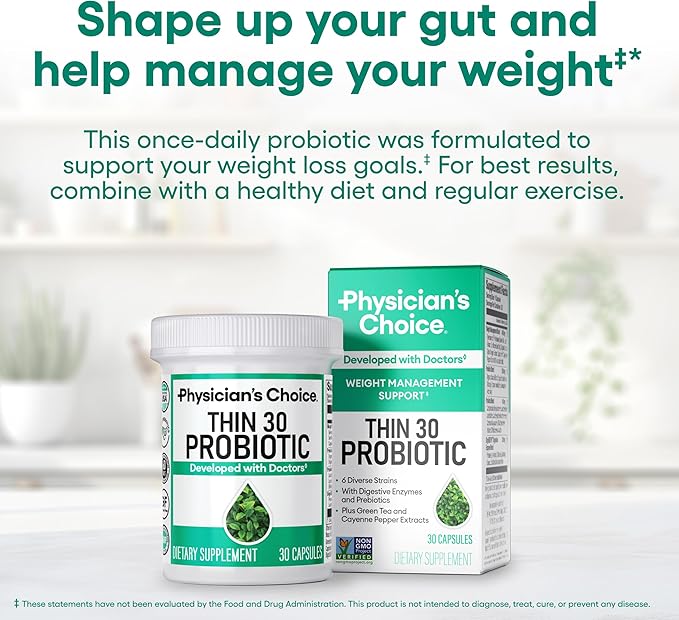 Physician's CHOICE Probiotics for Weight Management Bloating - 6 Probiotic Strains - Prebiotics - Key ingredient Cayenne - Supports Gut Health - Weight Management for Women Men - Green Tea - 30 CT