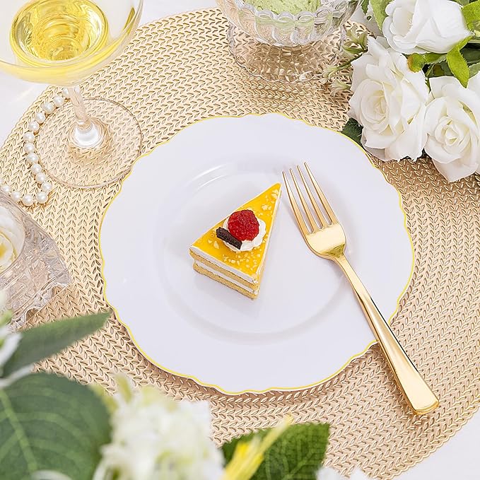WDF 60pcs Gold Dessert Plates-7.5inch Baroque Gold Plastic Plates/White And Gold Disposable Dessert/Salad Plastic Plates for Upscale Parties &Wedding