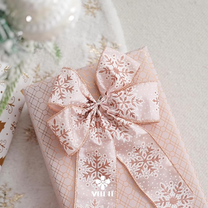 MEEDEE Snowflake Ribbon with Rose Gold Glitter - Wired, 2.5 Inch, Pink Rose Gold Christmas Ribbon for Tree, Garlands, Wreaths, Gift Wrapping (10 Yards)