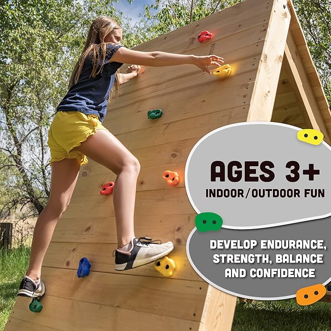 Squirrel Products Rock Climbing Holds for Kids, Deluxe Extra Large Climbing Rocks with Mounting Hardware - DIY Rock Wall Indoor Outdoor Playground Accessories Wall Climbing Kit - Ages 3
