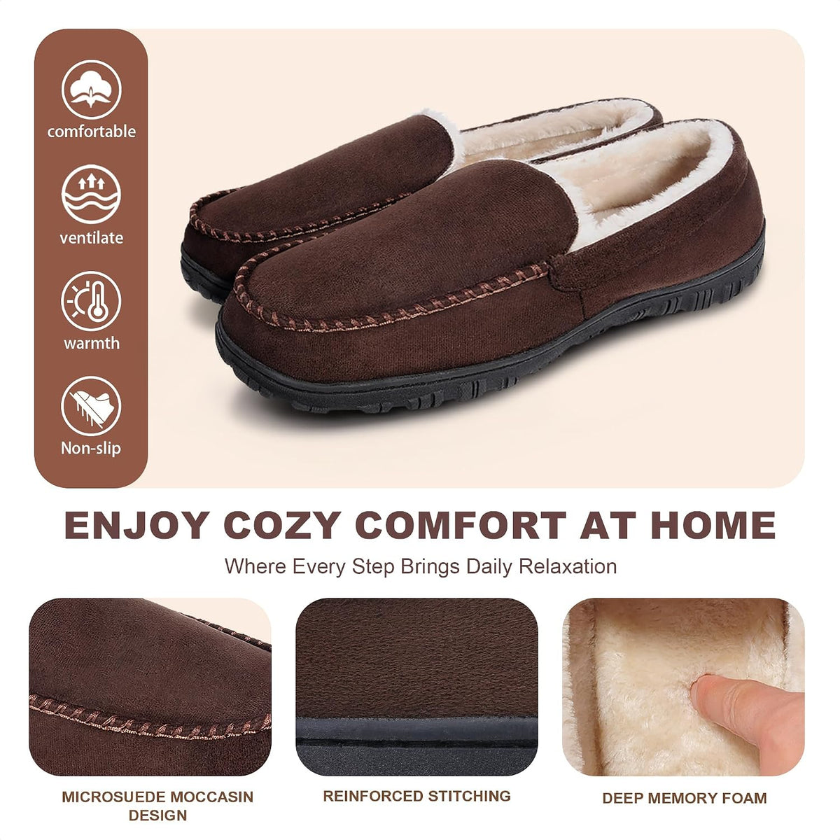shoeslocker Men's Slippers Indoor Outdoor Warm Soft Plush Memory Foam House Slippers for Men Comfortable Bedroom Moccasin Slipper Non-Slip