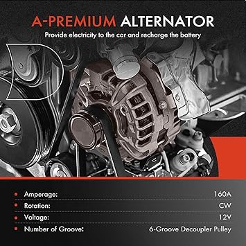 A-Premium Alternator Compatible with Jeep Cherokee 2014-2019, Compass, Renegade Chrysler 200 Ram ProMaster City Fiat 500X, 2.4L, 12V 160A 6-Groove Decoupler Pulley Clockwise, Replace 56029624AB