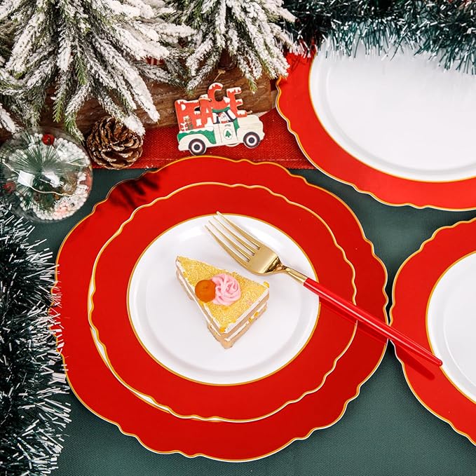 WDF 60pcs Plastic Red Plates Disposable - 7.5inch Red Dessert/Salad Plates Heavy Duty Plates for Christmas Party