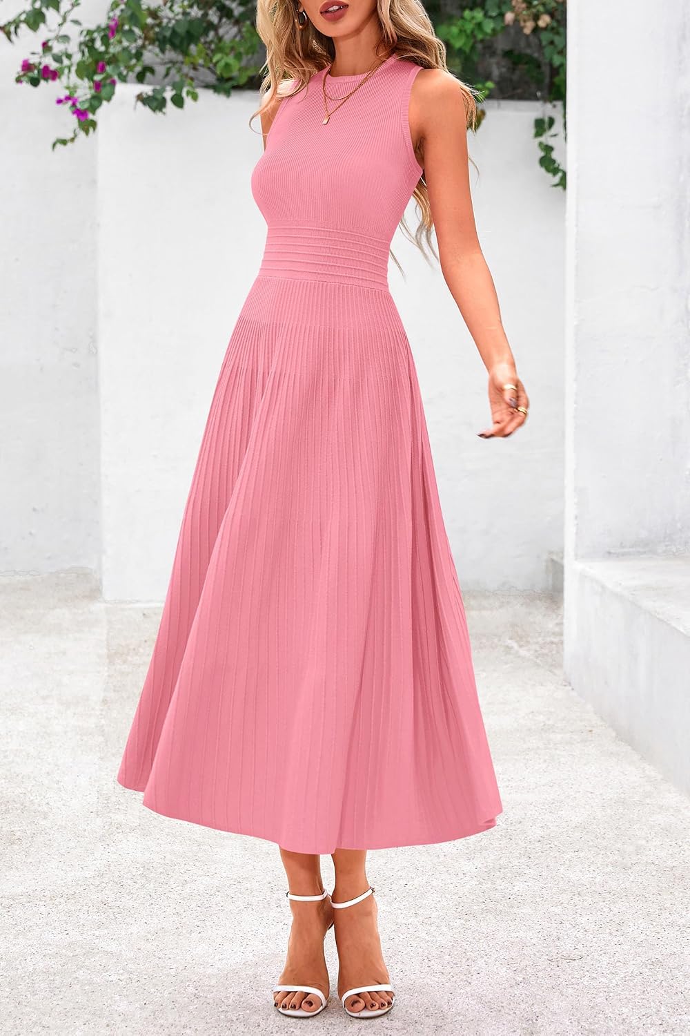 PRETTYGARDEN Spring Casual Dresses for Women 2026 Summer Business Work Midi Sleeveless A Line Pleated Cocktail Dress