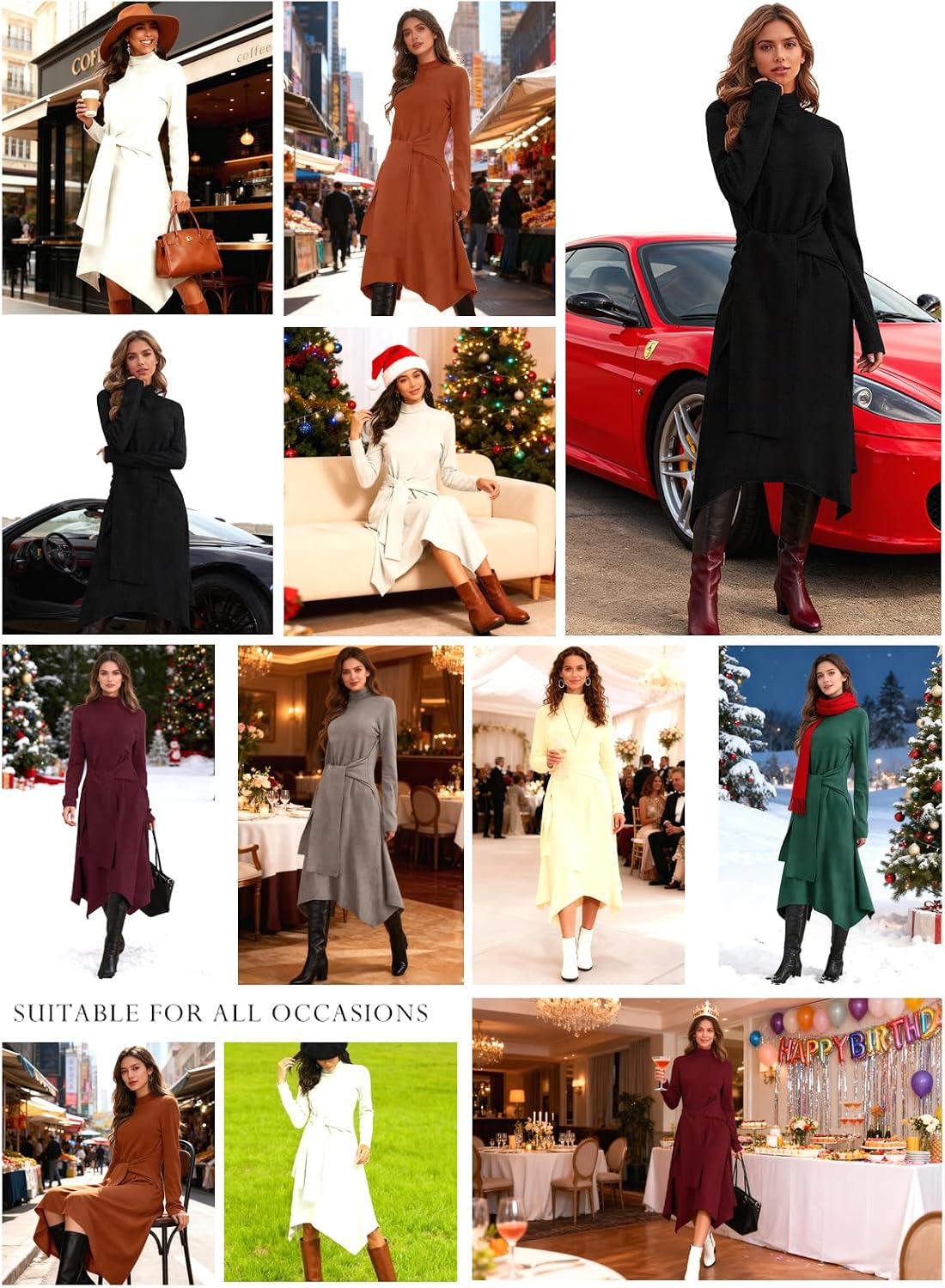 Jayscreate Women's Fall Sweater Dress 2023 Long Sleeve Midi Tie Front A-Line High Waist Winter Business Casual Dress