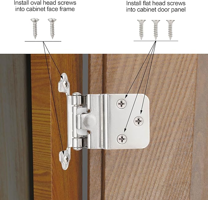 4 Pack (2 Pair) 3/8" Inset Brushed Satin Nickel Self Closing Cabinet Hinges for Offset Kitchen Cabinet Door, Face Frame Semi Concealed Kitchen Cabinet Hinges