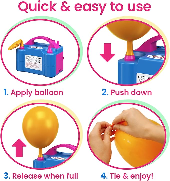 Prextex Balloons Electric Pump Inflate, Blue 110V 600W - Portable Pump with Air Blower Dual Nozzle Inflator for Fast, Easy Bulk Balloons Filling for Event Party Decoration - Balloon Pumps Electric