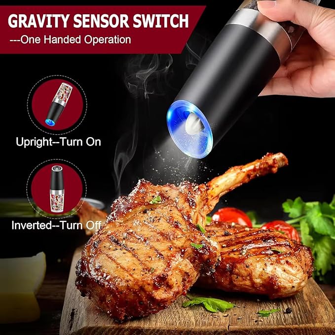 Electric Salt and Pepper Grinder - Rechargeable Pepper Grinder, Pepper Mill Grinder with Blue Light and Stand (Black)