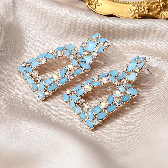 Rhinestone Rectangle Dangle Statement Earrings Trendy Crystal Geometric Drop Earrings hypoallergenic for Women