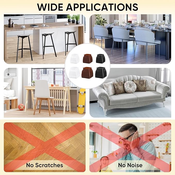 BALEINE 16 Pack Silicone Chair Leg Floor Protectors, Stool Leg Protectors Cap, Non-Slip Chair Leg Caps for Hardwood Floors (Brown Large (Square), 16 Pack)