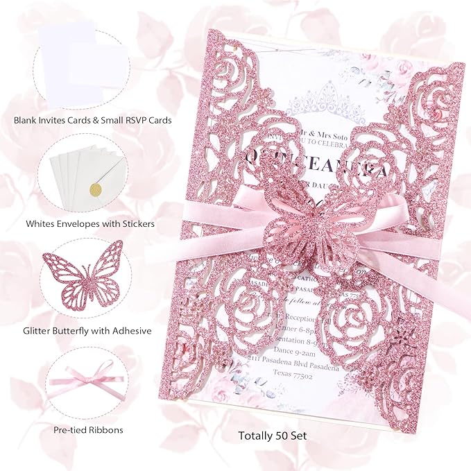 50PCS Pink Wedding Invitations Laser Cut Invitation with Envelopes and Rsvp Card Personalized Inner Sheets for Wedding Bridal Baby Shower QuinceañEra Engagement Birthday