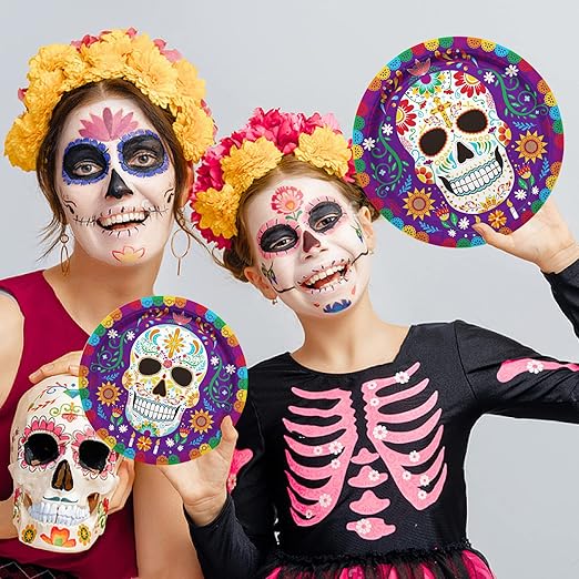 Day of the Dead Party Supplies Kit Serve 25, Includes Disposable Sugar Skull Dinner Plates, Dessert Plates, Napkins, Cups and Tablecloth, DÃa de los Muertos Party Decorations