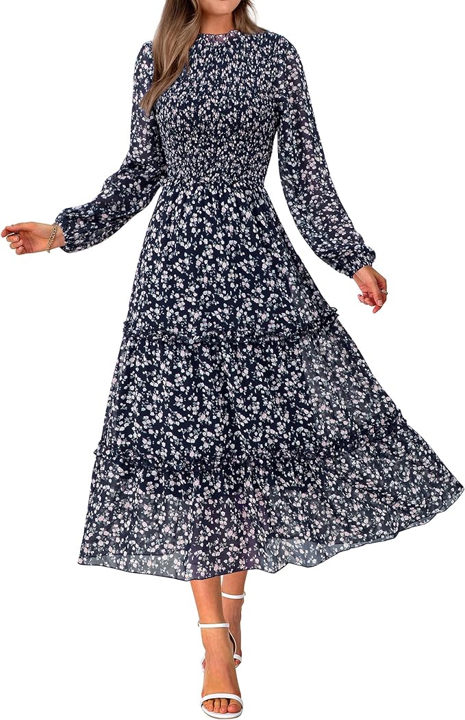 NOLLSOM Women 2025 Spring Dress Floral Boho Dress Casual Long Sleeve Crew Neck Ruffle A-Line Flowy Wedding Guest Maxi Dresses