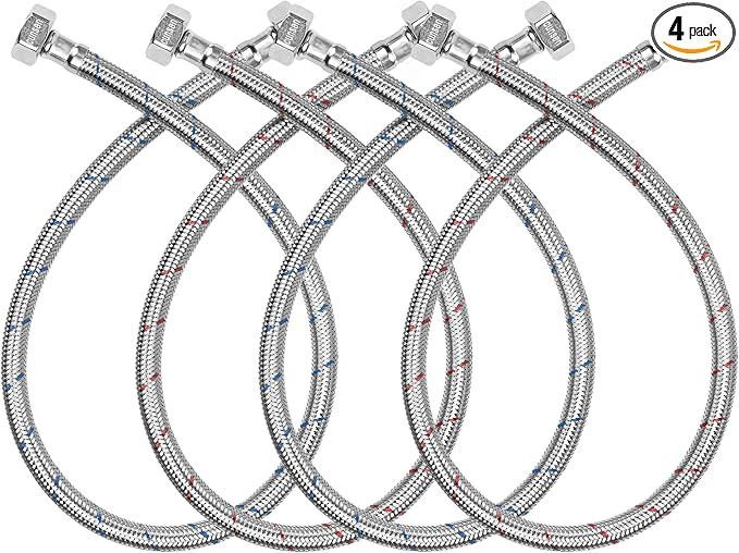 4 Pack 1/2" x 1/2" FIP Flexible Faucet Supply Lines, Bathroom Faucet Hose Connector, 304 Stainless Steel Braided Water Supply Line for Kitchen (24 Inch)