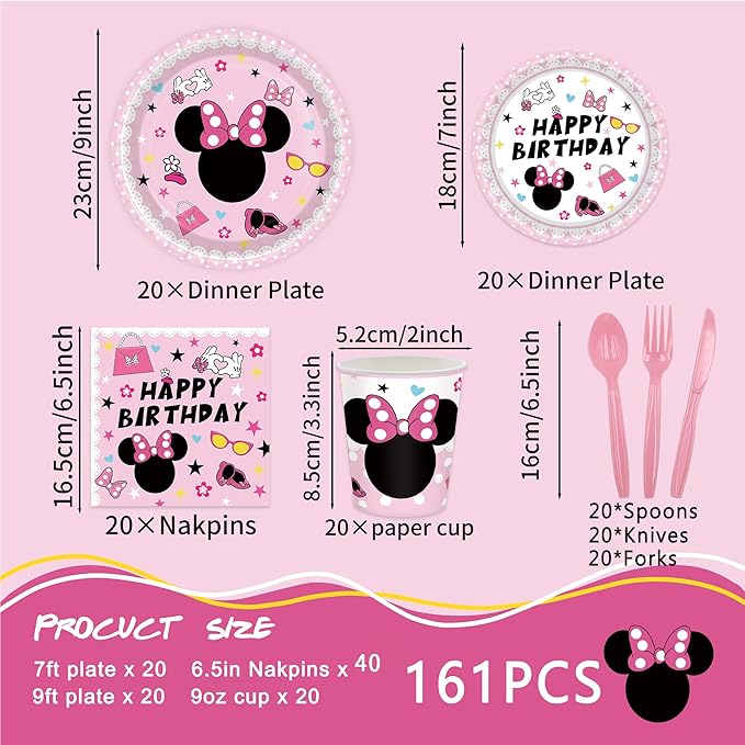 161Pcs Pink Cartoon Mouse Party Decorations Tableware Set Party Supplies Plate,Cup,Cutlery,Tablecloths for Pink Mouse Theme Birthday Baby Shower Wedding Party Decorations Supplies