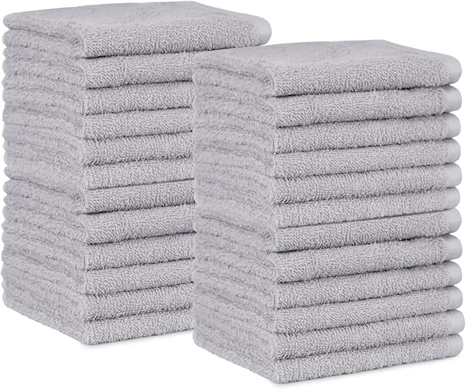 Basics Fast Drying Cotton Washcloths for Bathroom, Machine Washable, Extra Absorbent, 12 x 12 in, Gray, 24-Pack