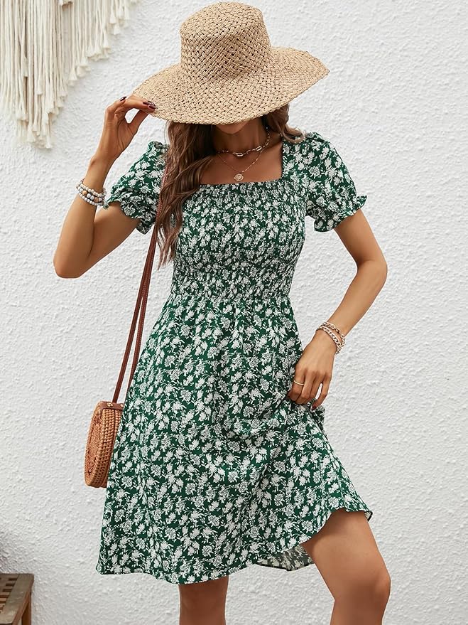 Berydress Women's Summer Dresses 2025 Pockets Short Sleeve Square Neck Flowy A Line Casual Boho Smocked Mini Sun Dress