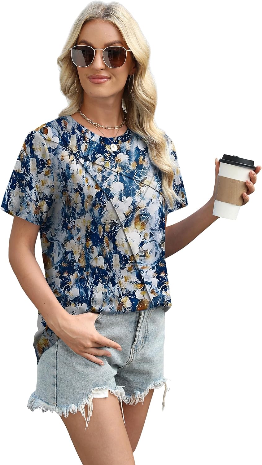 XIEERDUO Womens Summer Tops 2026 Pleated Round Neck Short Sleeve Shirts Business Casual.