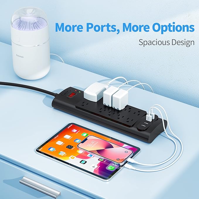 Power Strip, Bototek 6ft Surge Protector with 10 AC Outlets and 4 USB Ports,1875W/15A, 2100 Joules, 6 Feet Long Extension Cord for Home, Office, Dorm Essentials, 2100 Joules