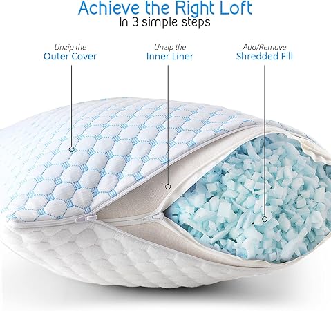 Nestl Cooling Pillow, Shredded Memory Foam Pillows King Size Set of 2, Gel Infused Cool Pillow, Adjustable King Size Pillow for Sleeping, Breathable King Pillow, Washable Removable Bed Pillow Cover