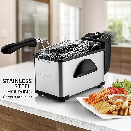 OVENTE Electric Deep Fryer 2 Liter Capacity, 1500 Watt Lid with Viewing Window and Odor Filter, Adjustable Temperature, Removable Frying Basket and Easy to Clean Stainless Steel Body, Silver FDM2201BR