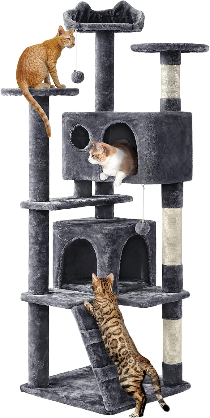 Yaheetech Cat tree tower, large plush multi-level condominium furniture with sisal scratching posts and 2 hanging balls gray color