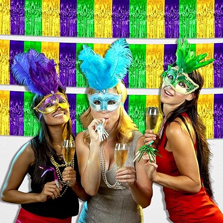 3 Pack 10 Ft Gold Green Purple Foil Fringe Garland Metallic Tinsel Streamers Banner Wall Hanging Curtain Backdrop for Parade Floats, Christmas Day, Thanksgiving, Halloween, New Year Party Decoration
