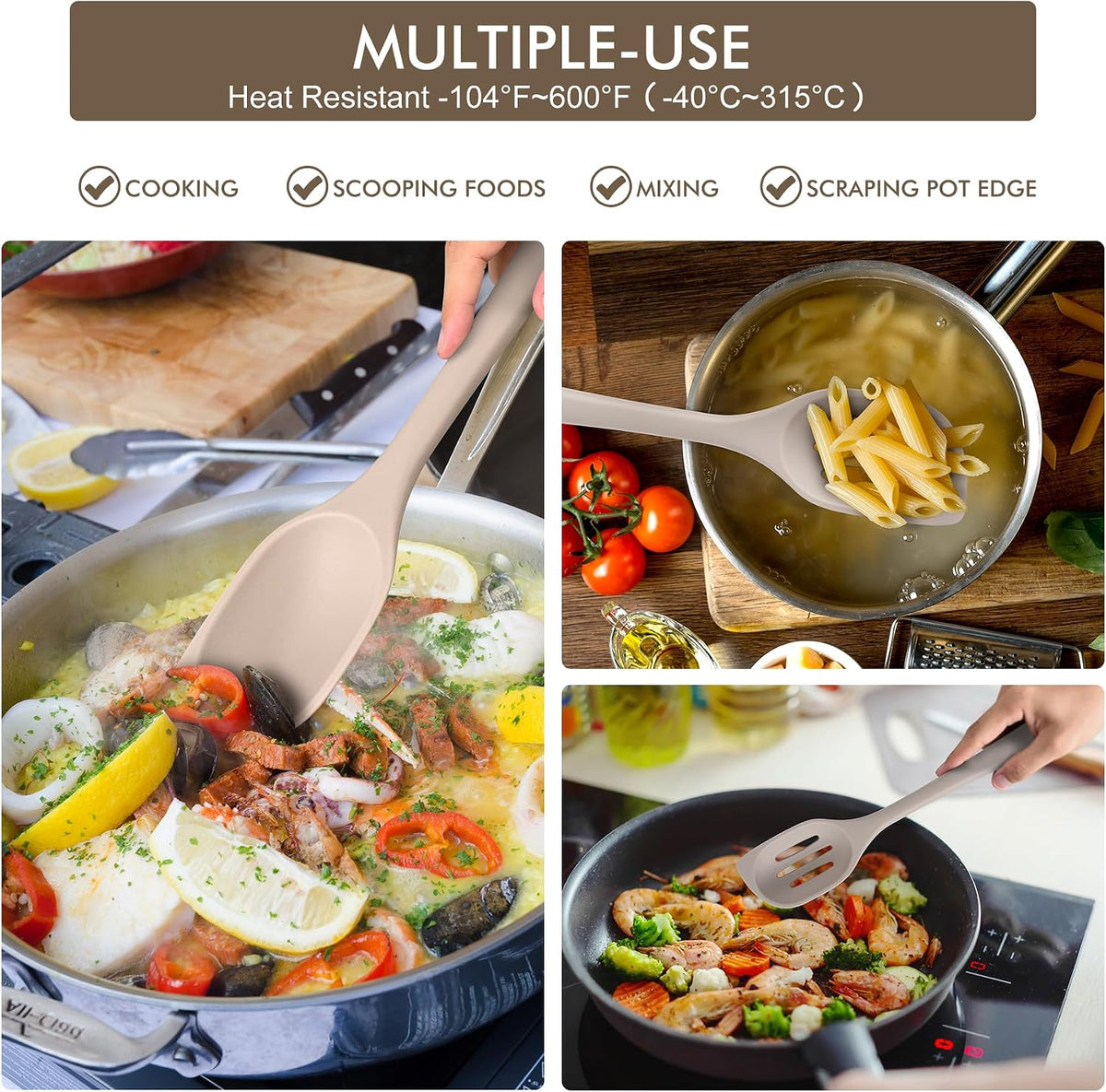 Carote Heat Resistant Silicone Cooking Spoon Spatula, Large Kitchen Solid and Slotted Spoons for Mixing, Serving, Scraping, Non-stick, Dishwasher Safe Khaki