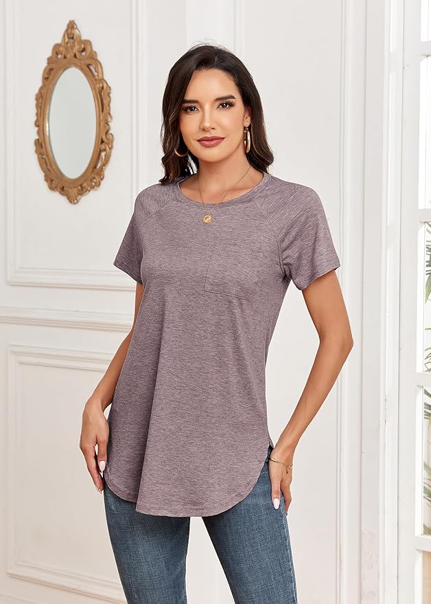 Newchoice Women's Short Sleeve Tunic Tops Casual Round Neck Loose Summer Basic Shirts With Pockets