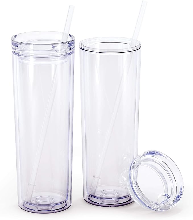 Maars Skinny Acrylic Tumbler with Lid and Straw 18oz Premium Insulated Double Wall Plastic Reusable Cups - Clear, 2 Pack