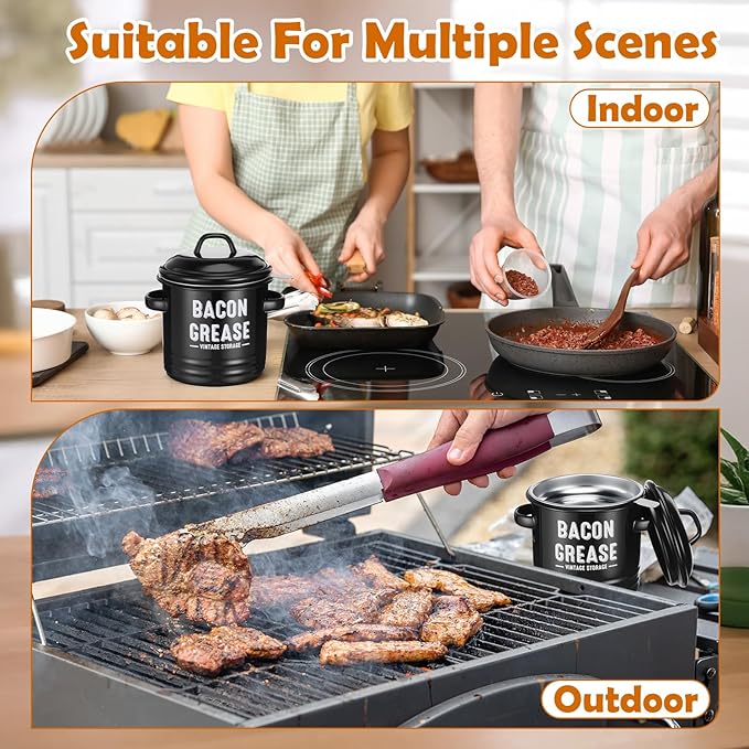 Bacon Grease Saver with Strainer 41oz 1. 2L Large Stainless Steel Grease Container with Silicone Spatula Farmhouse Black Enamel Oil Keeper Can for Kitchen Fat Storage, Dishwasher Safe