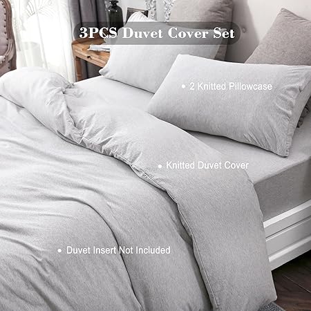 PURE ERA Jersey Knit Duvet Cover Set 100 T-Shirt Cotton Super Soft Comfy 3pc Bedding Set with Zipper Closure (Heather Grey, King)