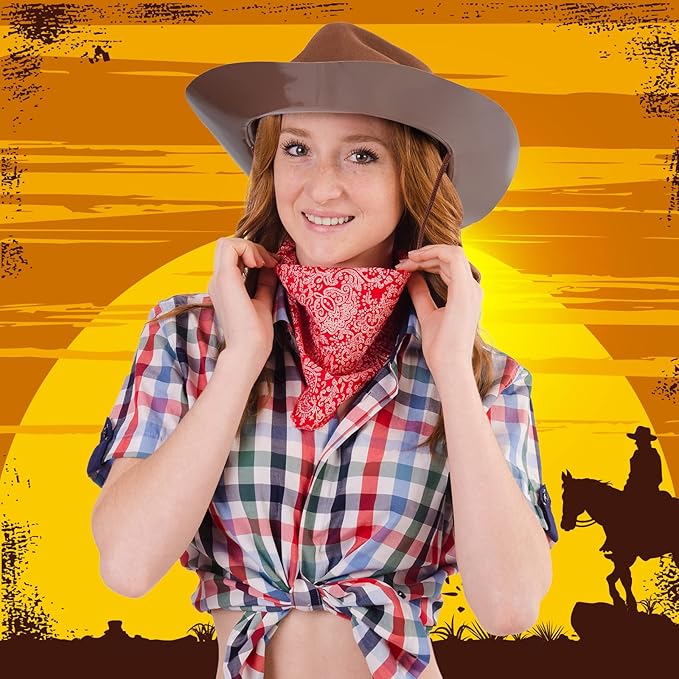 Mepase 24 Pieces Disposable Plastic Western Cowboy Hat Set Felt Wide Brimmed Cowgirl Party Hats for Men Women Adult Costume Party(Brown)